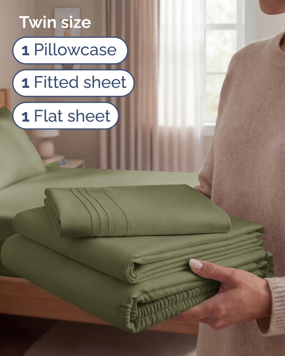 Regine Switzerland Twin Size 3-Piece Sheet Set - Comfy Cooling Bed Sheets - Luxury Hotel Quality - Deep Pockets, Soft & Wrinkle-Free - Oeko-Tex Certified - Sage Green