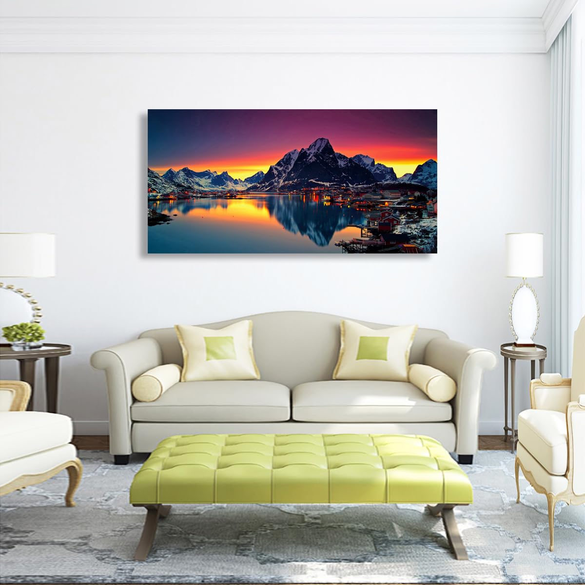 Lofoten Islands Norway Canvas Wall Art - 40"x20" Snowy Mountain Fjord Village Sunset Landscape Print, Waterproof Modern Wall Decor for Living Room Bedroom Office, Ready to Hang