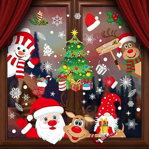 Christmas Window Stickers 267pcs Christmas Decals Reusable Double Sided Printed Self Adhesive Window Decorations Santa Claus,Moose,Snowman,Dwarfs,Xmas Tree and Snowflakes Window Clings,10 Sheet