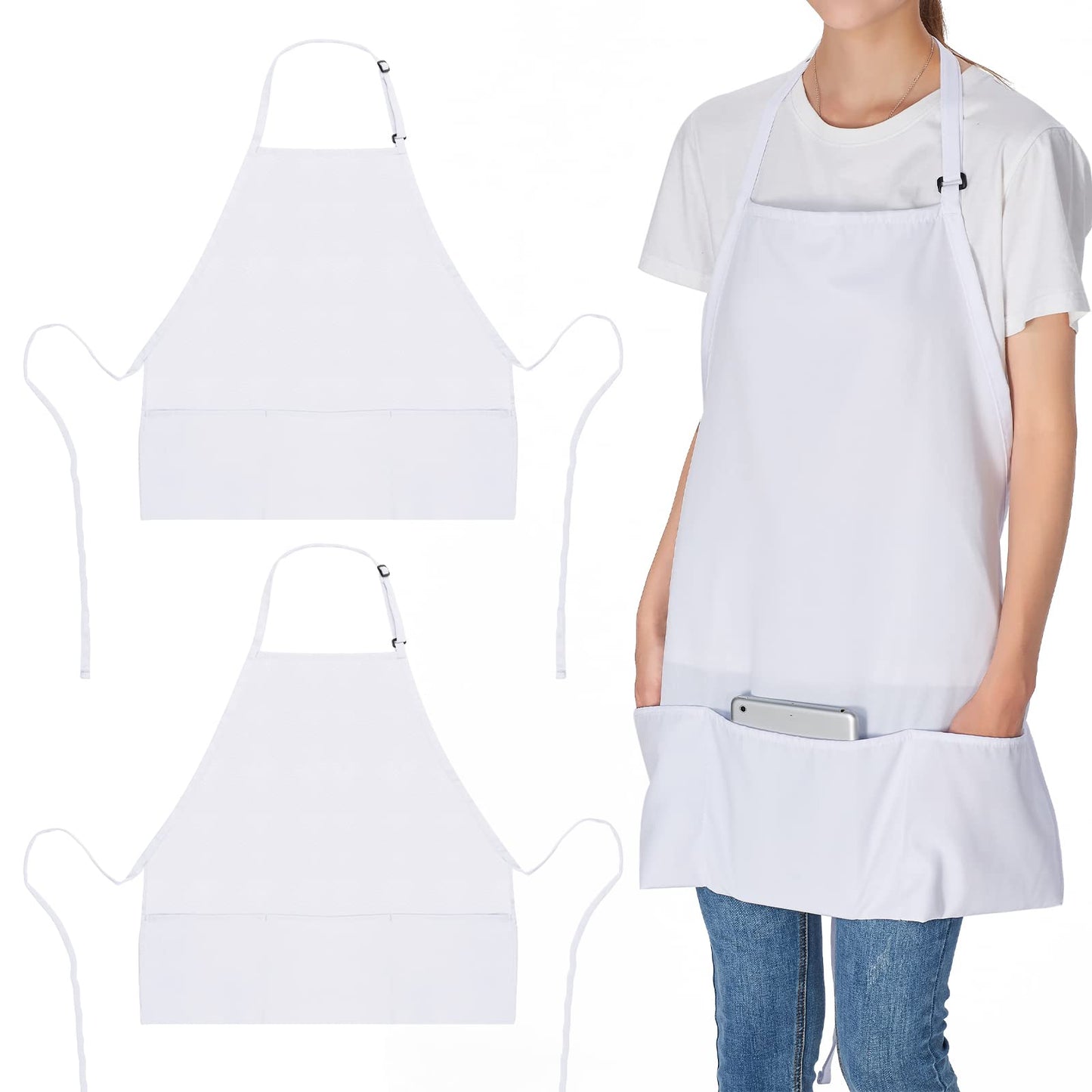 Jubatus 2 Pack 3 Pockets Adjustable Bib Apron Chef Kitchen Cooking Aprons for Women Men, White