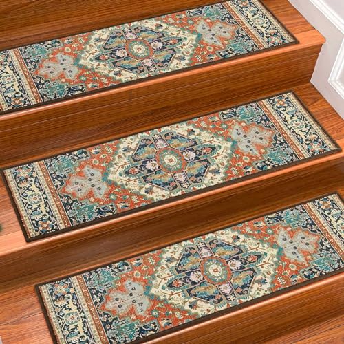 Red 8x30 Inch Non-Slip Carpet Stair Treads 15 Pack with Reusable Adhesive for Wooden Steps, Kids, Pets - Bohemia Style