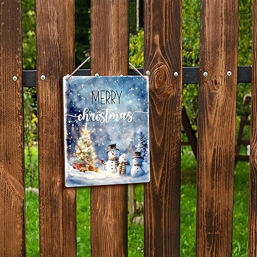 FUGWN Merry Christmas Blue Winter Snowman Xmas Hanging Wooden Signs 8x10, Merry Christmas Sign, Christmas Wall Decor, Christmas Hanging Sign, Wood Christmas Sign, Blue Christmas Decor