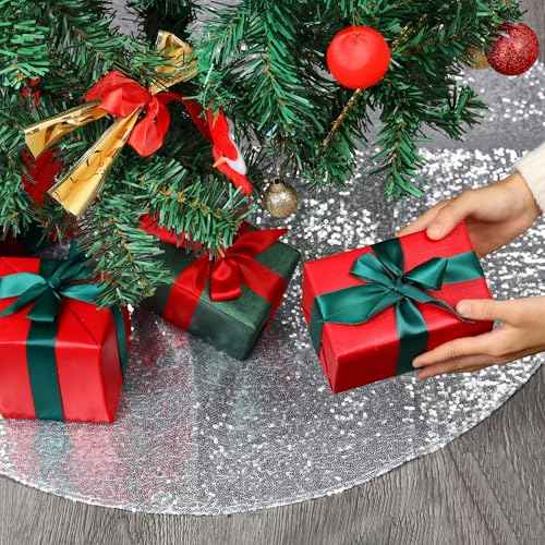 MACTING Christmas Mini Tree Skirt 24 Inch Glitter Sequin Small Tree Mat Sparkly Tree Base Cover for Farmhouse Holiday Party Indoor Home New Year Xmas Tree Decorations(Silver)