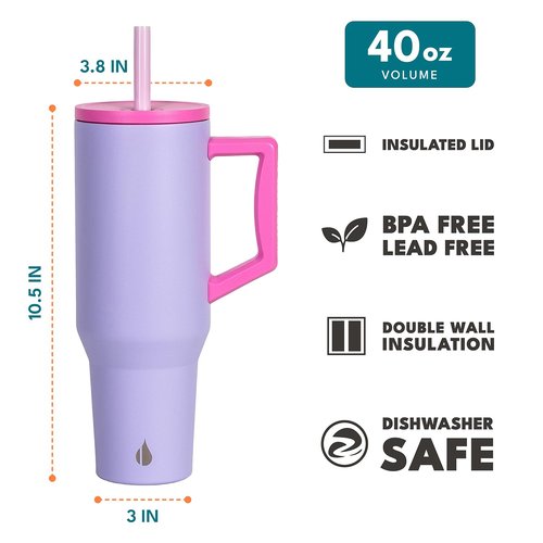 Elemental 40 oz Tumbler with Handle and Straw - Spill Proof Insulated Stainless Steel Commuter for Cold Beverages - Travel Coffee Mug with 2 Straws & Spill Proof Lid - 40oz - Lilac Tie Dye