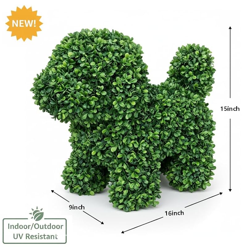 Artificial Topiary Dog Lucky - Faux Green Puppy Garden Decor, UV Resistant, Indoor Outdoor, Variation 2