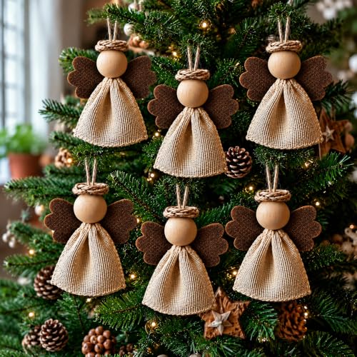 Christmas Angel Ornaments 6-Pack Rustic Burlap Hanging Decor - Briwooody Christmas (Variation: Christmas)