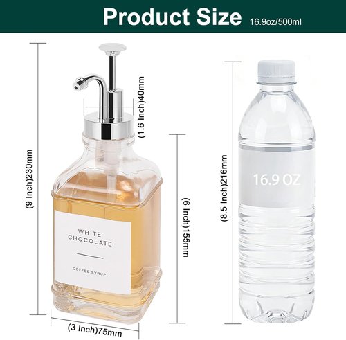 Coffee Syrup Dispenser - Clear Glass Pump Bottles for Coffee Bar | Refillable Maple Syrup Storage, 500ml, Set of 2