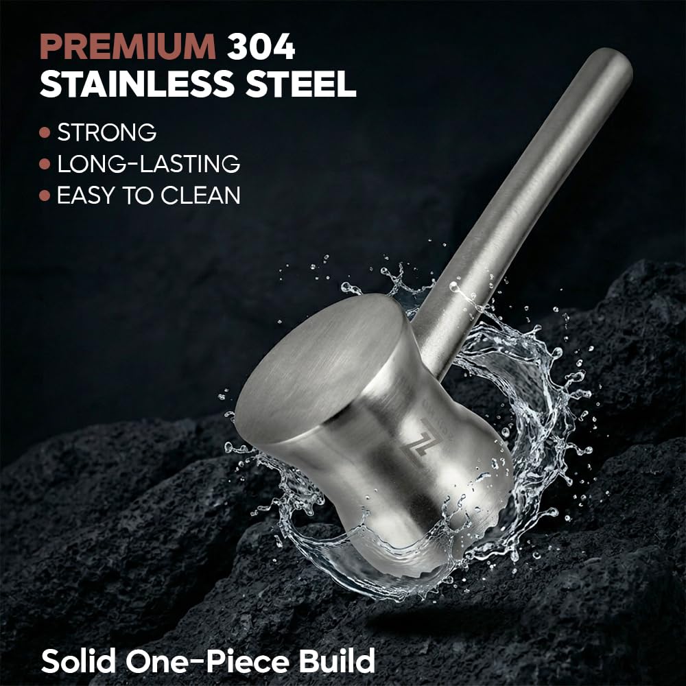 304 Stainless Steel Tenderizer Mallet Dual-Sided Hammer, Heavy Duty Pounder Tool for Steak, Beef & Chicken Cutlets, Textured Grip Kitchen Mallet, Dishwasher Safe Beater for Cooking