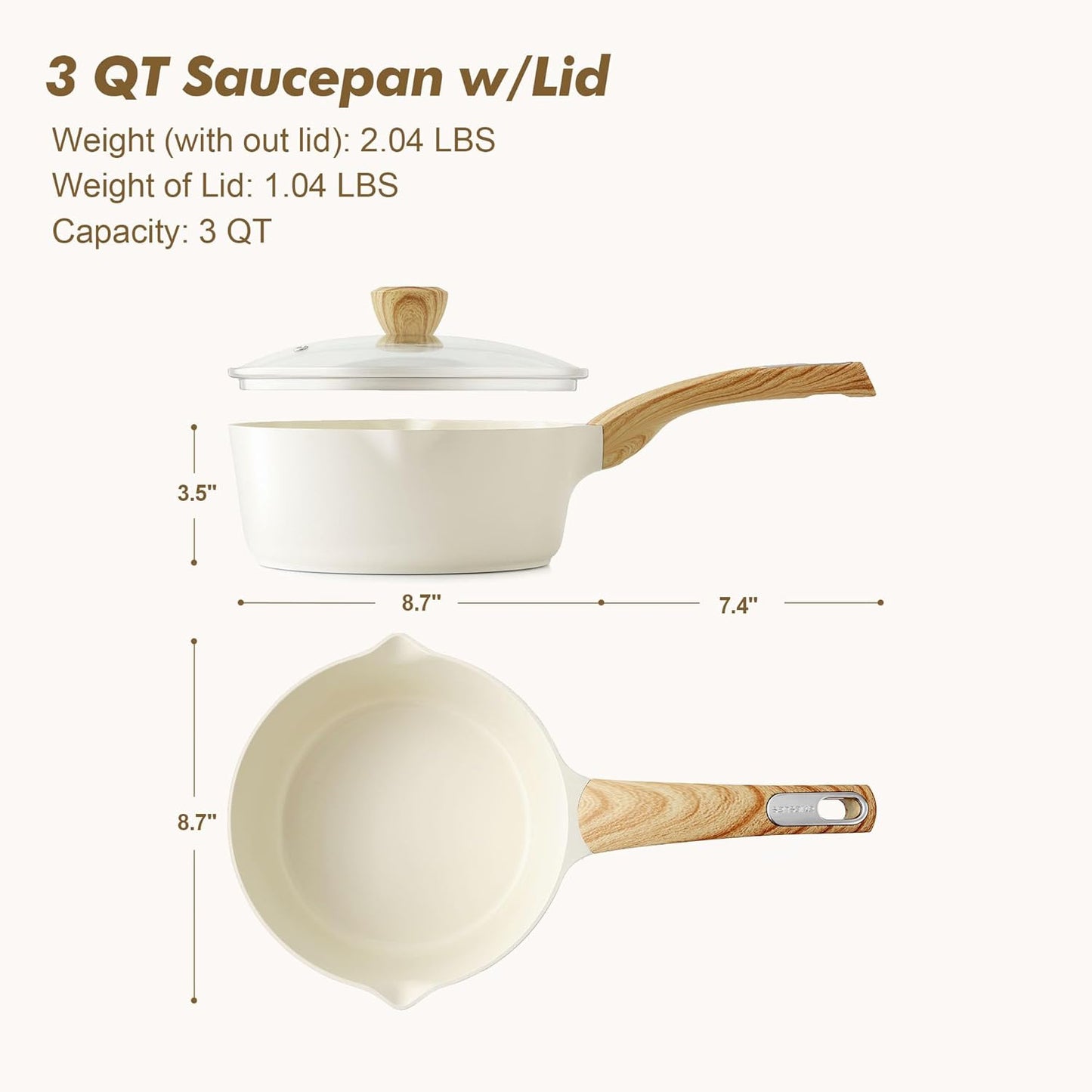 SENSARTE Ceramic Nonstick Sauce Pan - 3 Quart Cooking Pot with Lid & Double Spout | Induction Safe, Non-Toxic