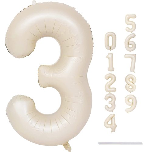 40 Inch Beige Large Numbers Balloons 3, Self Inflating Ivory White Digit 3 Helium Balloons for 3rd Girls, Cream Foil Mylar Number Balloons 0-9 for Women Birthday Party Anniversary Supplies Decorations