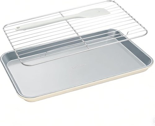 7PCS Ceramic-Coated Baking Sheet Set - Non-Stick Jelly Roll Pan with Rack, Spatula & Cutters | PFAS Free, Oven Safe (550°F), Sunshine Cream