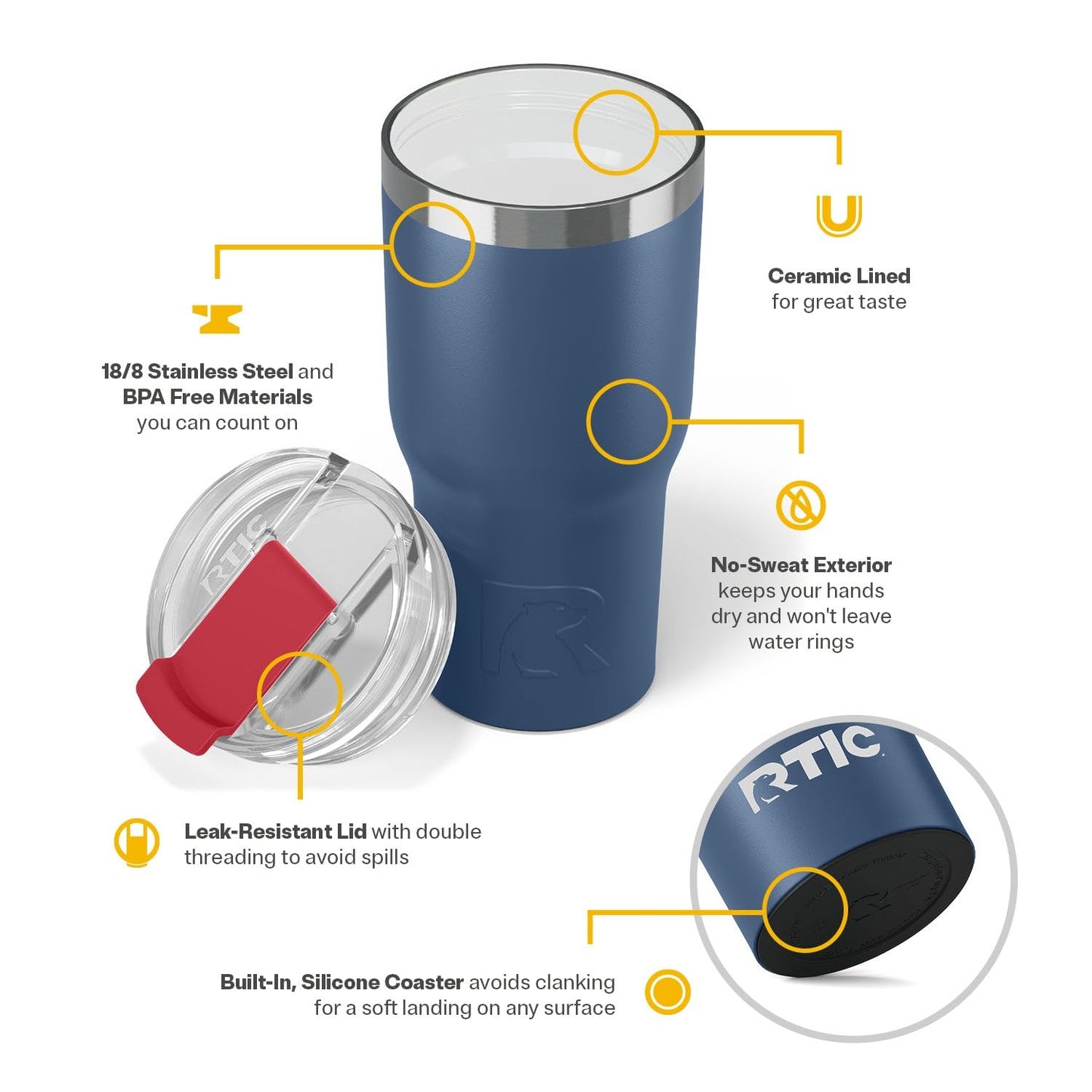 RTIC 20oz Essential Tumbler with Lid, Ceramic Lined, Insulated, Stainless Steel, Metal, Double Wall Vacuum-Insulation, Travel Cup for Iced Coffee, Tea, Hot and Cold Drink, Patriot