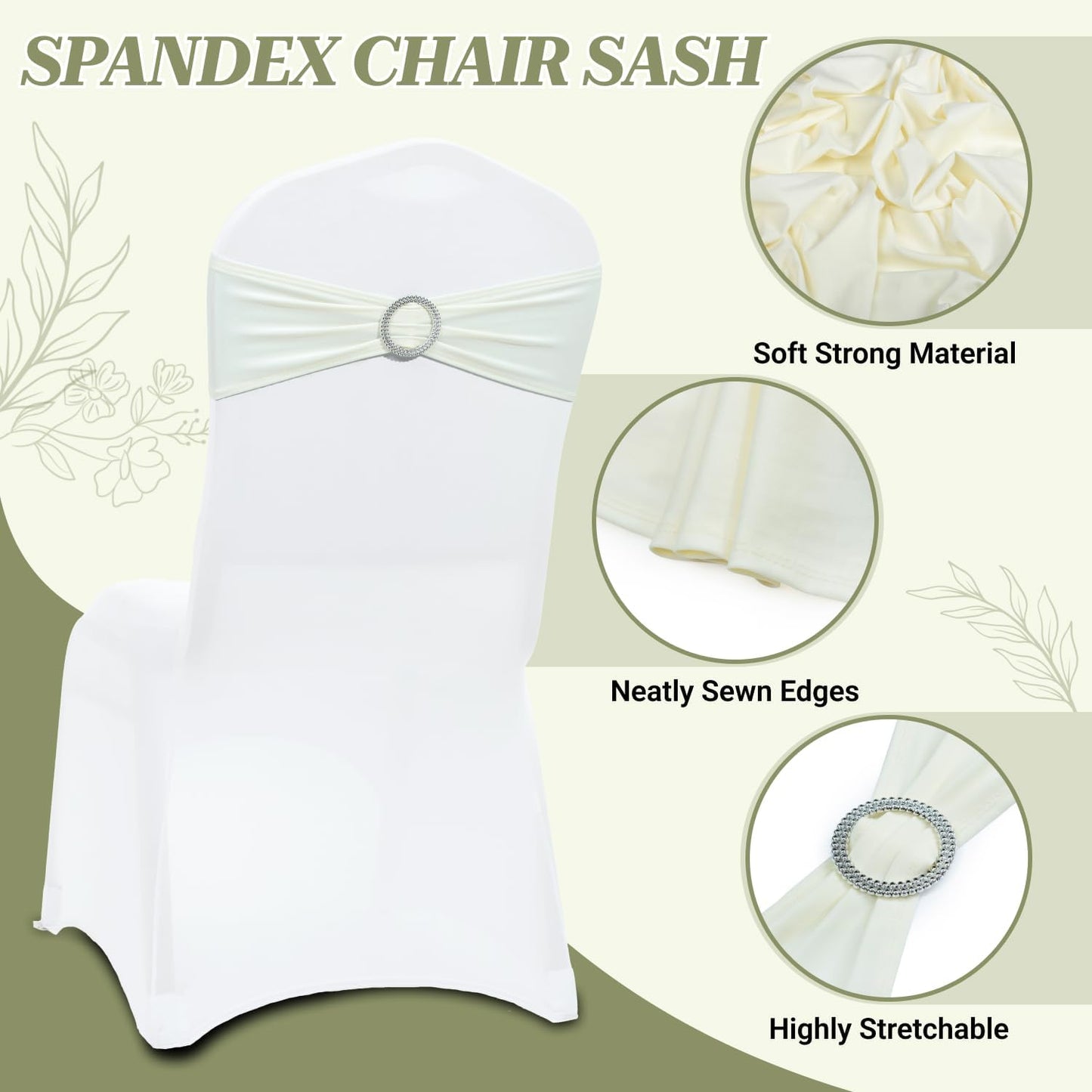 MDS Spandex Chair Sashes - Universal Fit Elastic Stretch Bow Ties with Buckle | Pack of 250 - Ivory