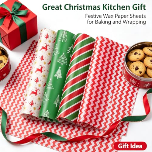 Christmas Wax Paper Sheets 100 Pack, Greaseproof Food Wraps for Baking & Cooking