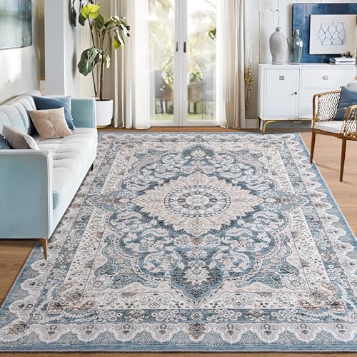Blue Washable Area Rug 6x9 Ft - Vintage Geometric Floral Flat-Back Carpet