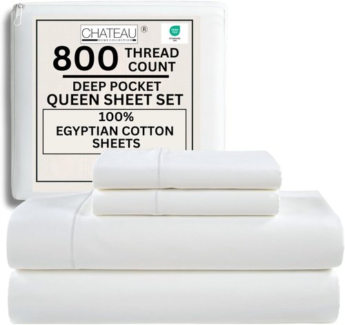 800 Thread Count Queen Sheet Set | 100% Egyptian Cotton - Ultra-Soft White Sheets with Deep Pockets