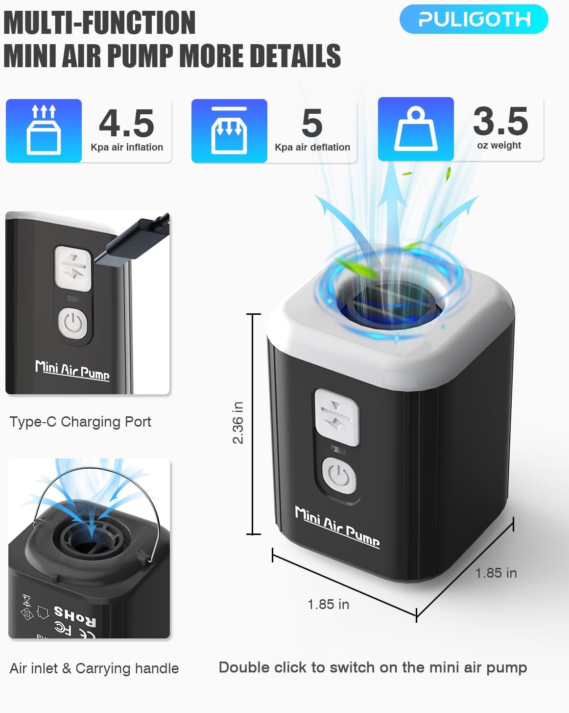 Skiennix Portable Air Pump - Mini Electric Inflatable Pump with 1600mAh Battery & Camping Light | Ideal for Air Mattresses, Pool Floats, Vacuum Storage Bags
