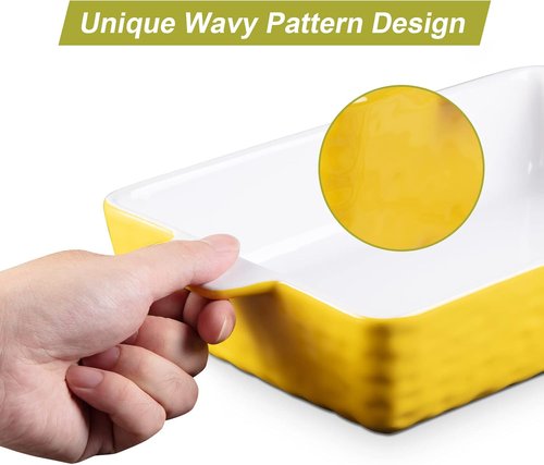Garvee Ceramic Baking Dish Set - Set of 3 Rectangular Casserole Pans with Handles | Yellow (11.7"/8.75"/6.5")