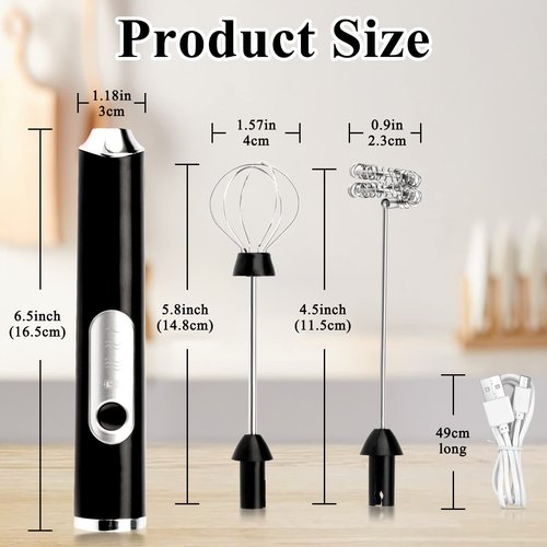 Electric Double Whisk Milk Frother Handheld Black USB Rechargeable Drink Mixer, 3 Speeds Adjustable Electric Whisk Foam Maker Detachable for Coffee, Lattes, Matcha, Hot Chocolate