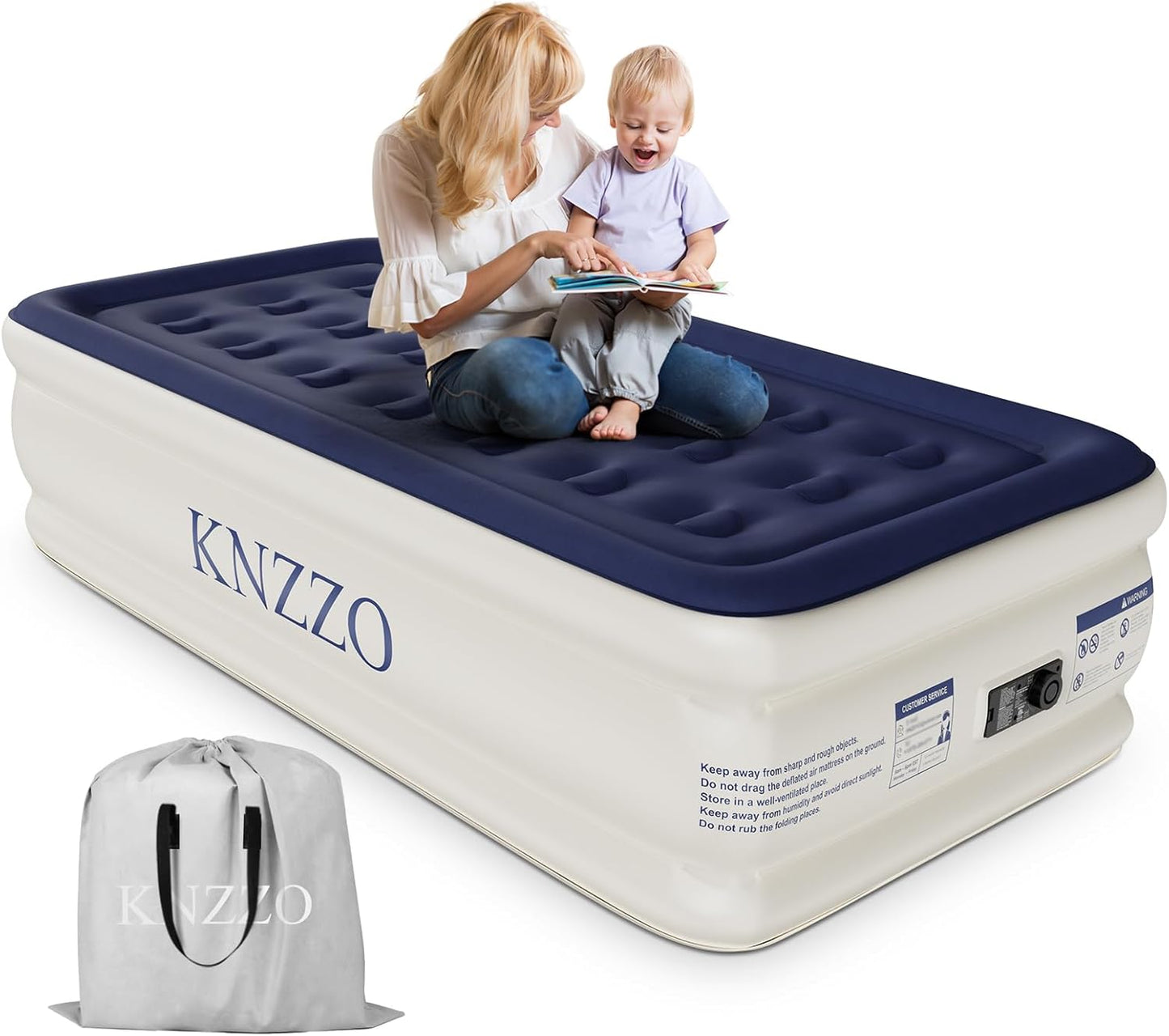 KNZZO Air Mattress - Twin Inflatable Bed with Built-in Pump & Soft Flocked Top | Waterproof & Portable for Home or Camping