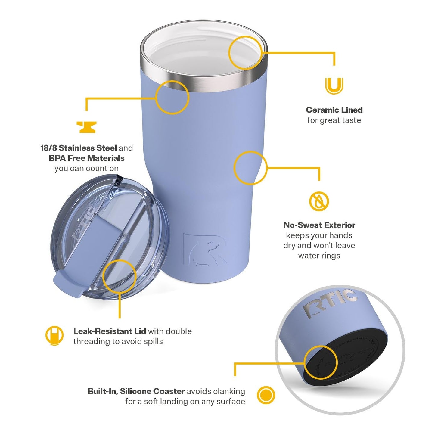 RTIC 30oz Essential Tumbler with Lid, Ceramic Lined, Insulated, Stainless Steel, Metal, Double Wall Vacuum-Insulation, Travel Cup for Iced Coffee, Tea, Hot and Cold Drink, Periwinkle