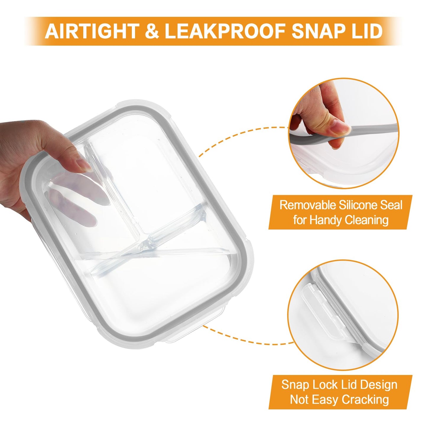 Bayco 9 Pack Glass Meal Prep Containers 3 & 2 & 1 Compartment, Glass Food Storage Containers with Lids, Airtight Glass Lunch Bento Boxes, BPA-Free & Leak Proof (9 lids & 9 Containers) - Grey