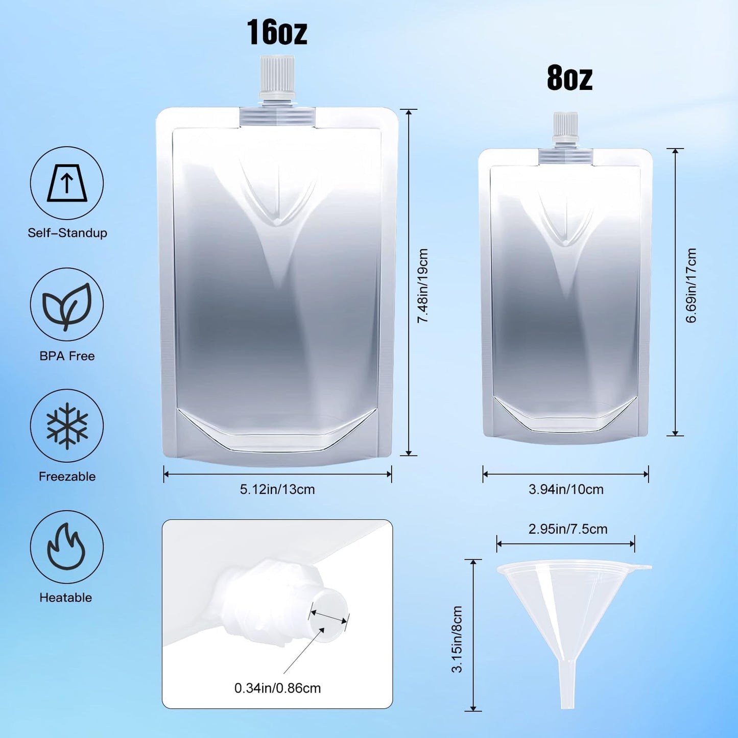 Cloudslucky 8&16OZ 30PCS Drink Pouches,Reusable Plastic Flask with Funnel for Drinking Liquid Beverage Juice,Stand Up Drink Bags for Travel Camping Outdoor Sport Concert Events,Leak-Proof Food Grade