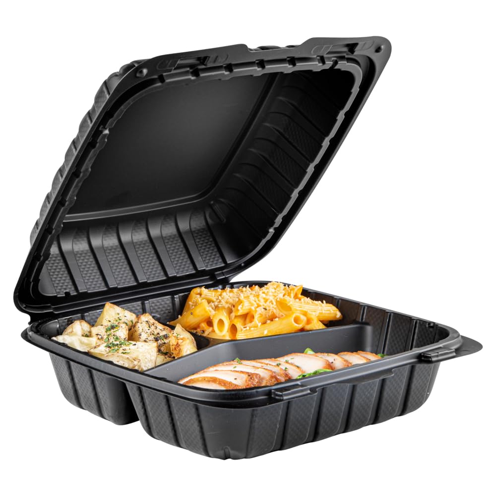 Restaurantware Thermo Tek 8 x 8 x 3 Inch Mineral-Filled Take Out Containers 100 Durable To Go Containers - Heavy-Duty Disposable Black Plastic Clamshell Containers Suitable For Hot & Cold Foods