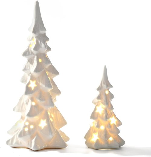 DN DECONATION White Ceramic Christmas Trees - 2Pcs Prelit Tabletop Decor with Stars & Dots Cutouts