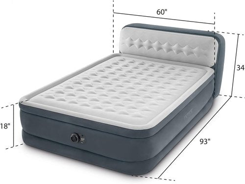 Intex Queen Size Air Mattress - 18in Height Inflatable Bed with Built-in Pump & Headboard | Dura-Beam Deluxe