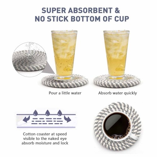 Farmhouse Coasters Set of 8 for Drinks, Absorbent Woven Coaster Set with Holder Cute Cloth Coasters for Home Decor Coffee Table Office Desk, Handmade Boho Decor Tabletop Protection
