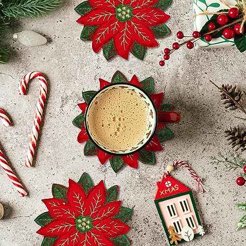 Whaline 10Pcs Christmas Embroidered Coaster Applique Poinsettia Double Layer Coaster Xmas Flower Cup Mat Pad for Christmas Winter Holiday Home Kitchen Office Table Decoration (4 x 4 Inch)