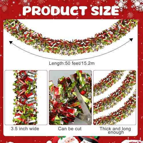 50 Ft Christmas Tinsel Garland Lime Green Red Sliver Metallic Foil Decorations Shiny Metallic Twist Garland Glitter Xmas Tree Hanging Ornament for Christmas Tree Home Stairs Indoor Outdoor Party Decor