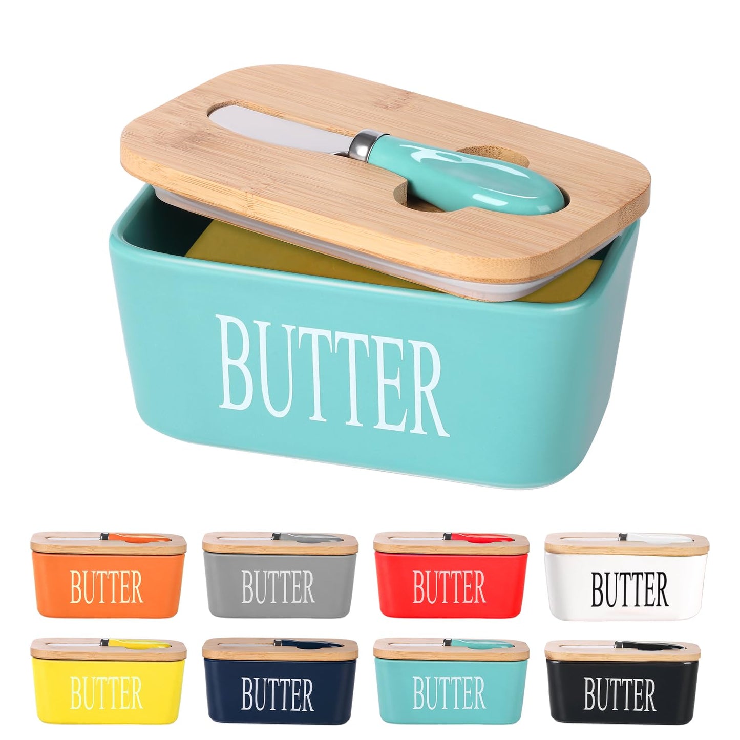Lxmons Ceramic Butter Dish with Wooden Lid, Large Butters Container Keeper Storage with Stainless Steel Knife Spreader, Bamboo Cover and Silicone Sealing Ring for West East Coast, Aqua