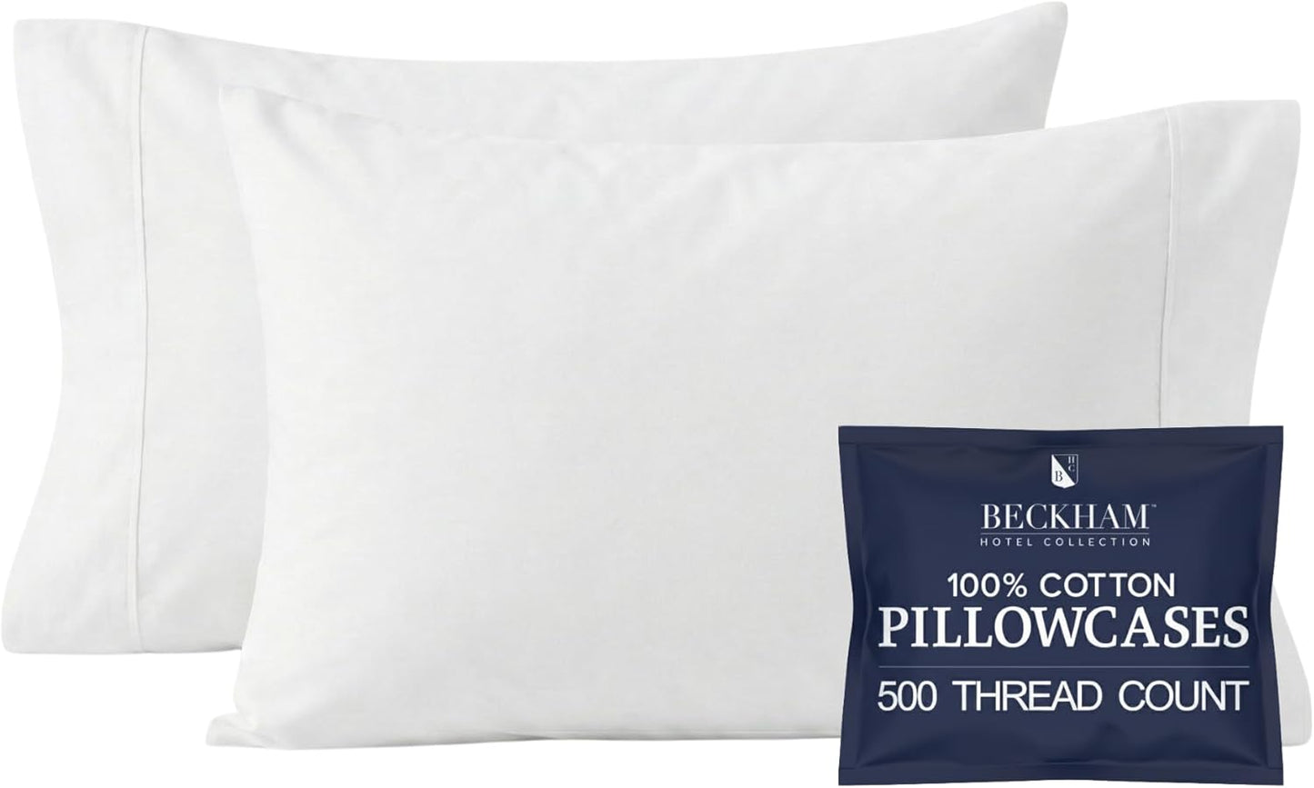 Beckham Hotel Collection Pillowcases - Queen Size Set of 2 | Silky Smooth 500TC Cotton Sateen, Cool Touch, White