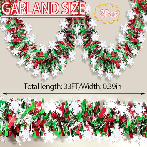 Wuhetyo Red & Green Snowflake Christmas Tinsel Garland 66 Ft Holiday Decor