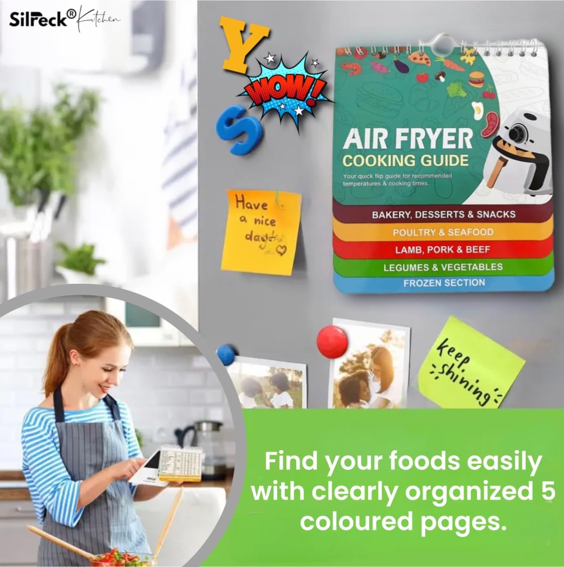 Silreck Air Fryer Cheat Sheet Magnetic Cooking Guide Booklet I Fridge-Ready Air Fryer Magic: Cookbook with Hanging Loop & Magnet (Multi Colour), SCG001