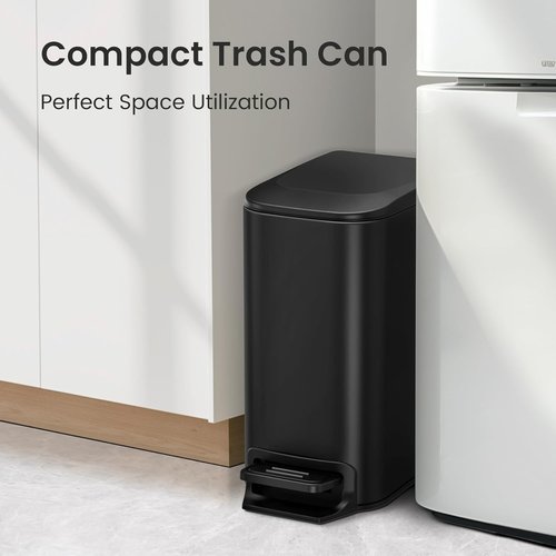 Cesun Small Bathroom Trash Can - Soft Close Lid & Step Pedal | 6L Stainless Steel, Anti-Fingerprint (Matt Black)