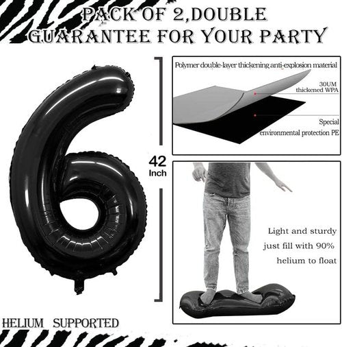 GOER Black Foil Number 6 Balloons - Huge 42" & 32" Birthday Party Decorations (3 Pack)