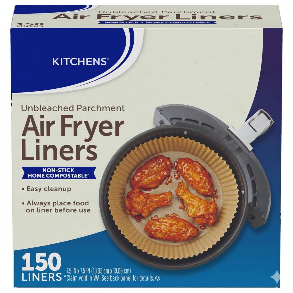 Kitchens Unbleached Parchment Air Fryer Liners, 150 Count, Non-Stick, Pre-Cut