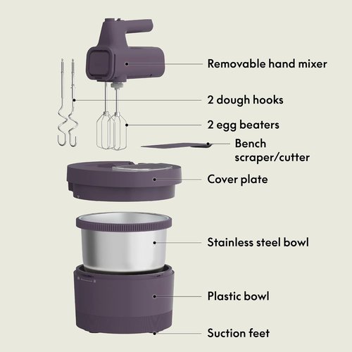 Bella 3.5 Qt Electric Hand & Stand Mixer - 2-in-1 with Bowl, Dough Hook & Whisk | Plum Color, 200 Watt