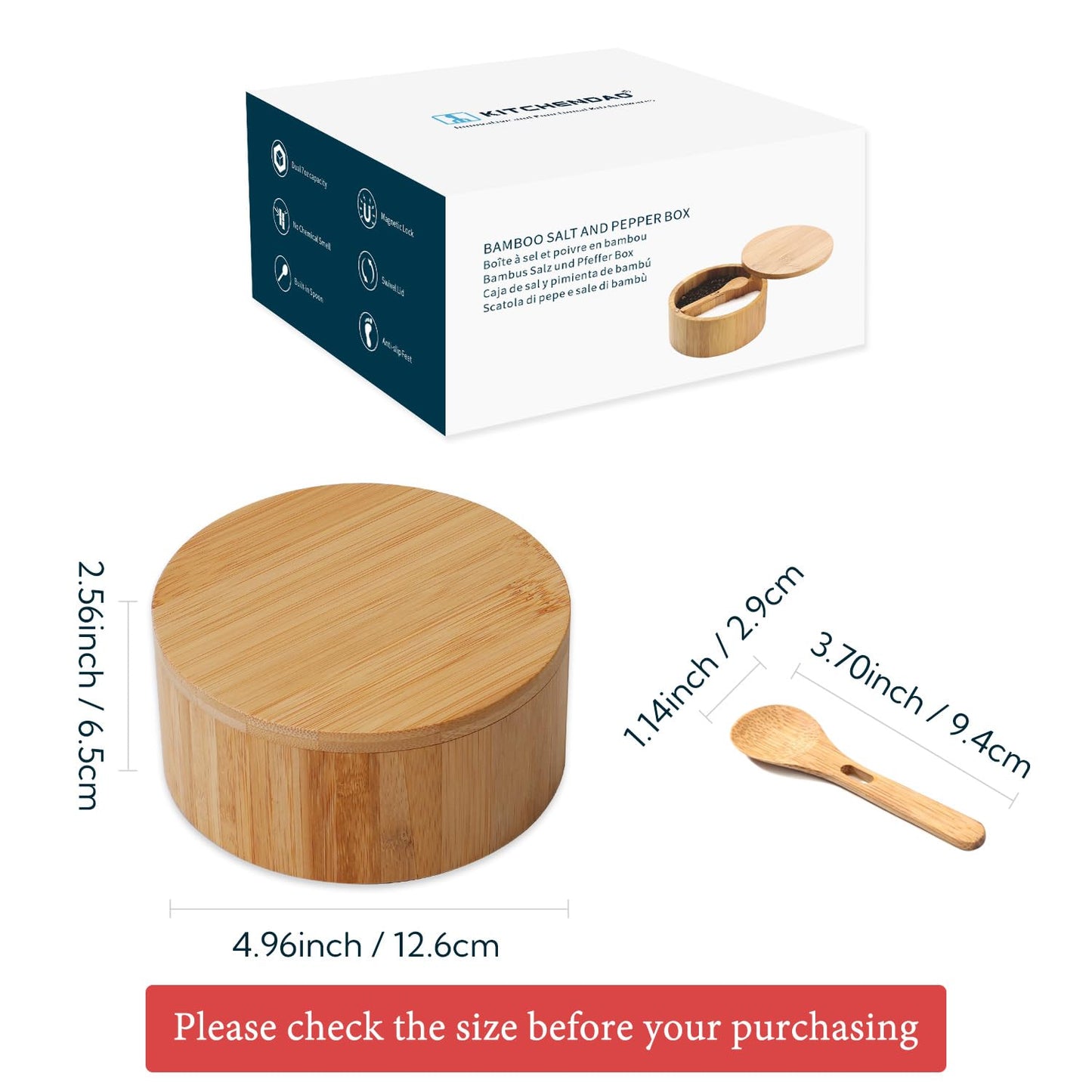 KITCHENDAO Bamboo Salt and Pepper Bowl Box Cellar Container Divided, Built-in Serving Spoon to Avoid Dust, Swivel Lid to Keep Dry, Sea Salt Spice Seasoning Keeper Holder, Dual 7 Ounce Capacity