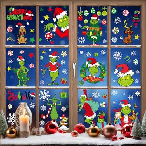 Christmas Window Clings Xmas Decor - 90 PCS Reusable Double Sided Static Window Stickers - Merry Christmas Gel Decals for Xmas Decorations Indoor Party Supplies