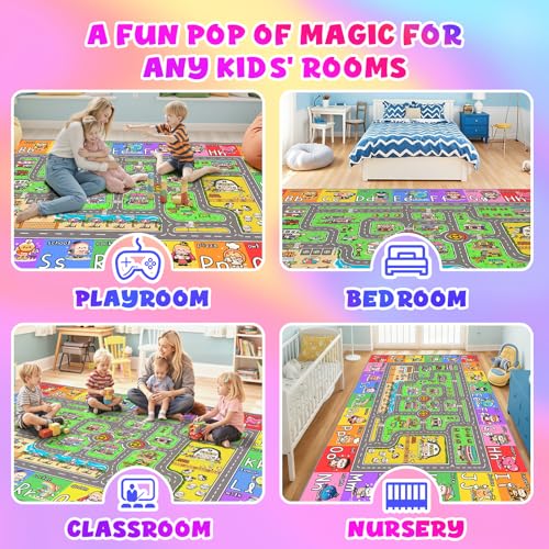 Town Road Kids Play Rug 8x10 ft - Educational City Map for Classroom & Playroom