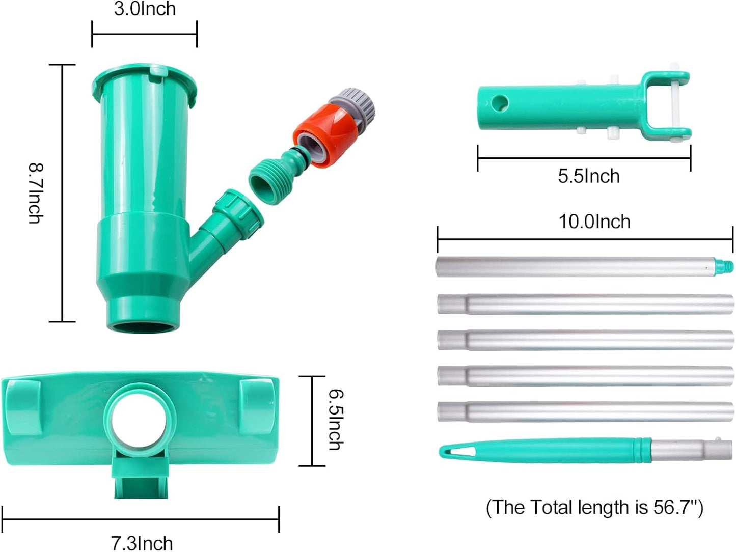 POOLWHALE Mini Jet Vac Vacuum Cleaner - Upgraded Design with Brush & 56.5" Telescopic Pole