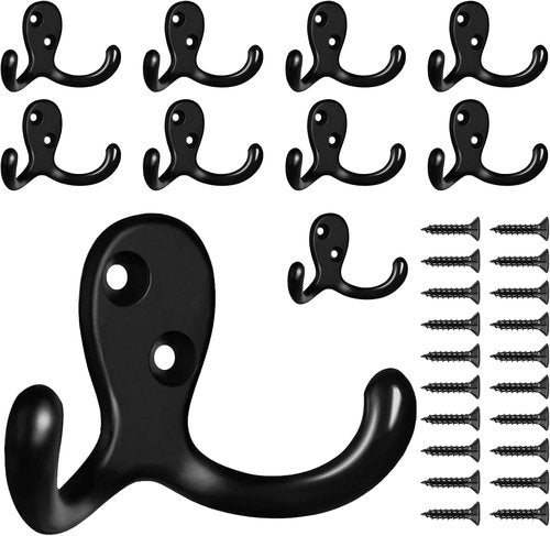 CBWLWJ Heavy Duty Double Prong Coat Hooks - 10 Pack Wall Mounted Metal Hooks for Home Organization | Black