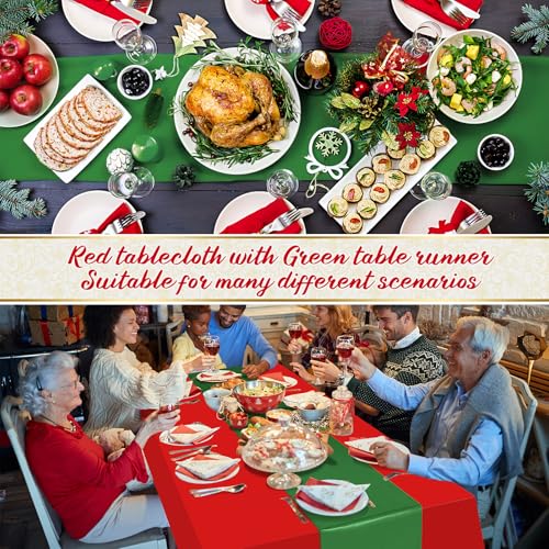 Red & Green Satin Table Runner and Plastic Tablecloth Set - 12 Pack