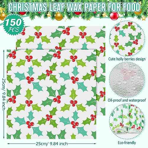 Yahenda 150 Pieces Christmas Wax Paper Parchment Paper Sheets Decorative Waterproof Bakery Tissue Grease Resistant Christmas Food Baking Colored Basket Liners Xmas Supplies