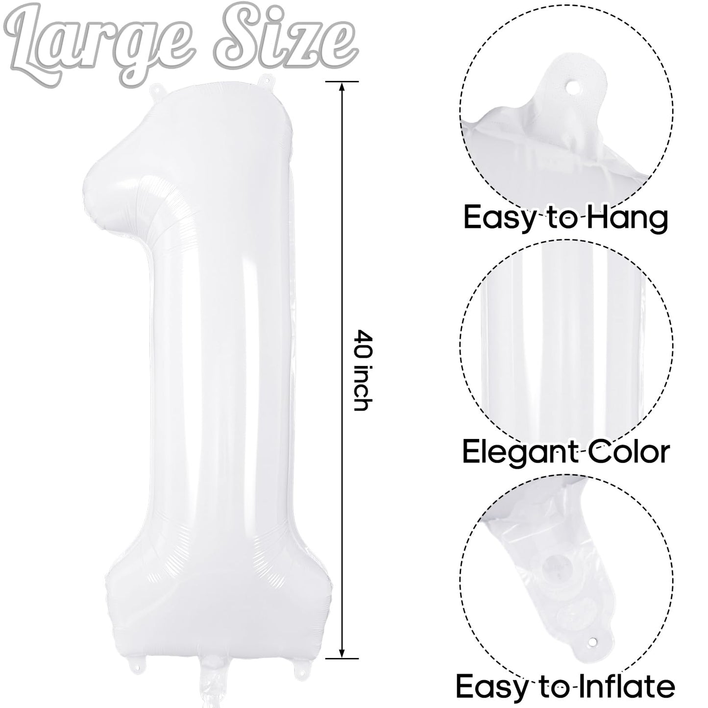 White Number 1 Balloon 40 Inch, Big Large Foil Helium Number Balloons, Giant Mylar Number 1 Balloons for 1st first Birthday Party Decorations Supplies Anniversary