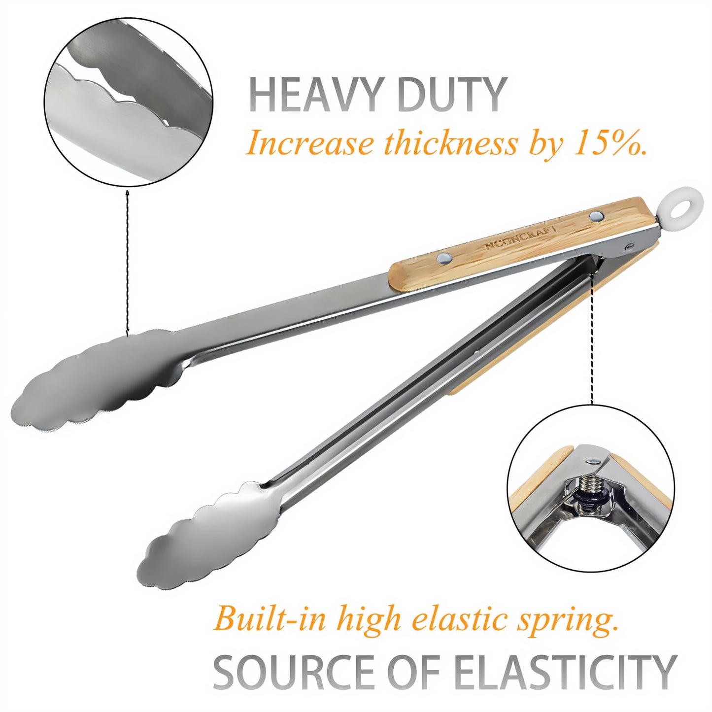 Stainless Steel Kitchen Tongs with Oak Wood Handle - Heat Resistant, Heavy Duty Locking Tongs for Cooking, BBQ, Salad, and Serving - Set of 2 (9" and 12") - Dishwasher Safe, Food Grade, No Rubber